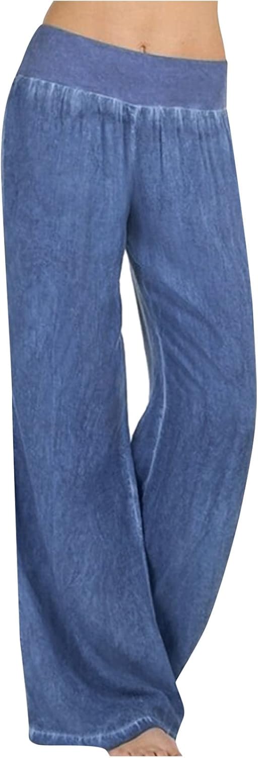 Wide Leg Trousers for Women Denim Look Elasticated Waist Lounge Pants Ladies Straight Wide Leg High Waisted Casual Lightweight Baggy Leisure Jeans Comfy Loose Spring Summer Trousers