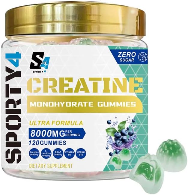 CREATINE Gummies Ultra + BCAA 8000mg | 120 Gummies of Creatine Monohydrate | BCAA | L Carnitine | Vitamin B6 and B12. Pre Workout Muscle Recovery Supplement for Men and Women, Blueberry Flavour.