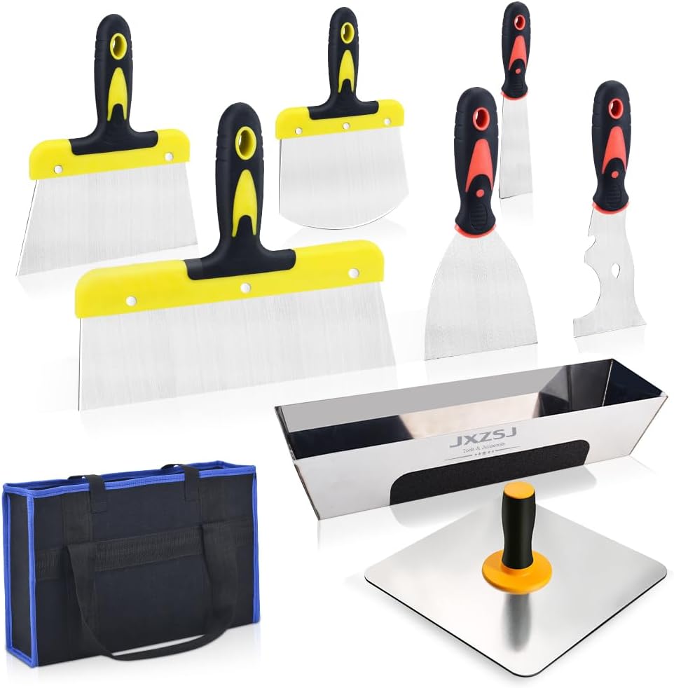 JXZSJ-Drywall Knife Set, 9 Pieces Stainless Steel Drywall Hand Tool Kit Includes Taping Knife, Putty Knives, Finishing Trowel, Paint Scraper, 14in Stainless Steel Mud Pan, Hawk, Blue handbag