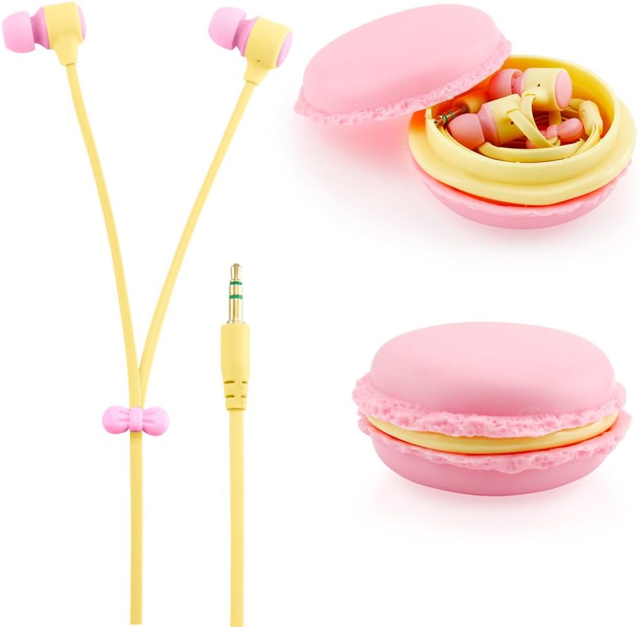 GEARONIC TM Cute 3.5mm in Ear Earphones Earbuds Headset with Macaroon Ear Buds Organizer Box Case Compatible with Smart Phones PC MP3 (Pink)