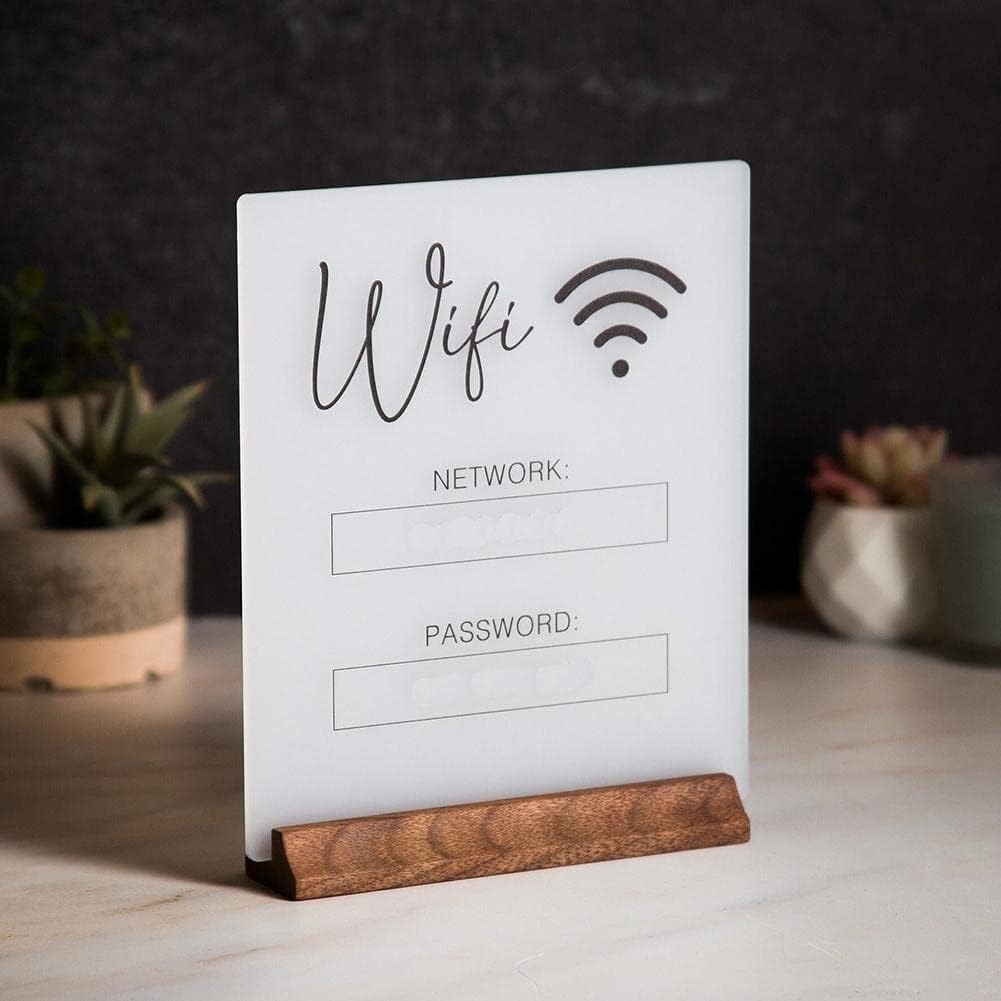 1Pc White WiFi Password Sign,Chalkboard Style WiFi Password Sign Board, Table Centerpieces Decoration for Home Business and Guests(no Base),Office Supplies Store Signs and Displays