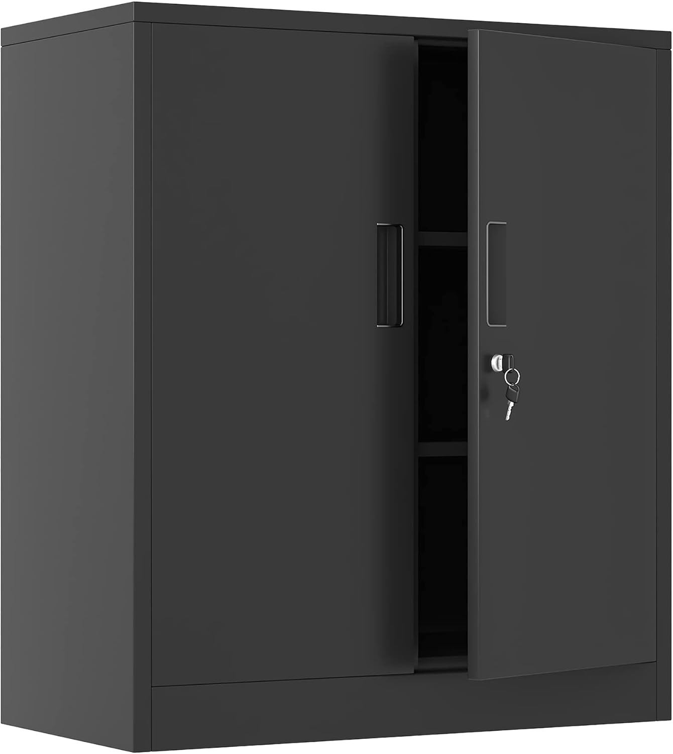 Metal Storage Cabinet with Locking Doors and 2 Adjustable Shelves, Small Lockable Storage Cupboard for Home Office Garage (Black)