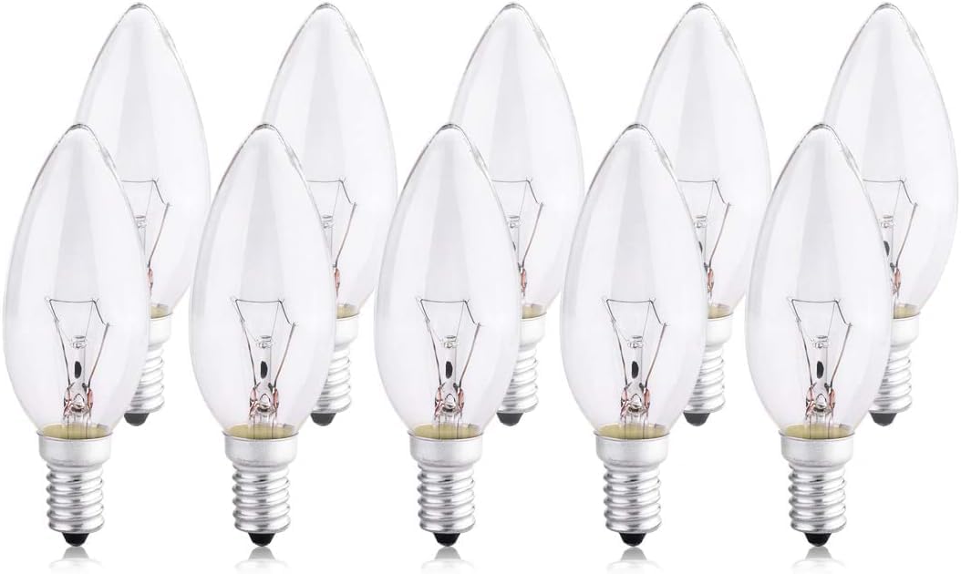 Pack of 10 Small Screw Candle Bulbs 40Watt, Clear Edison Screw in Bulb SES /E14, 240V