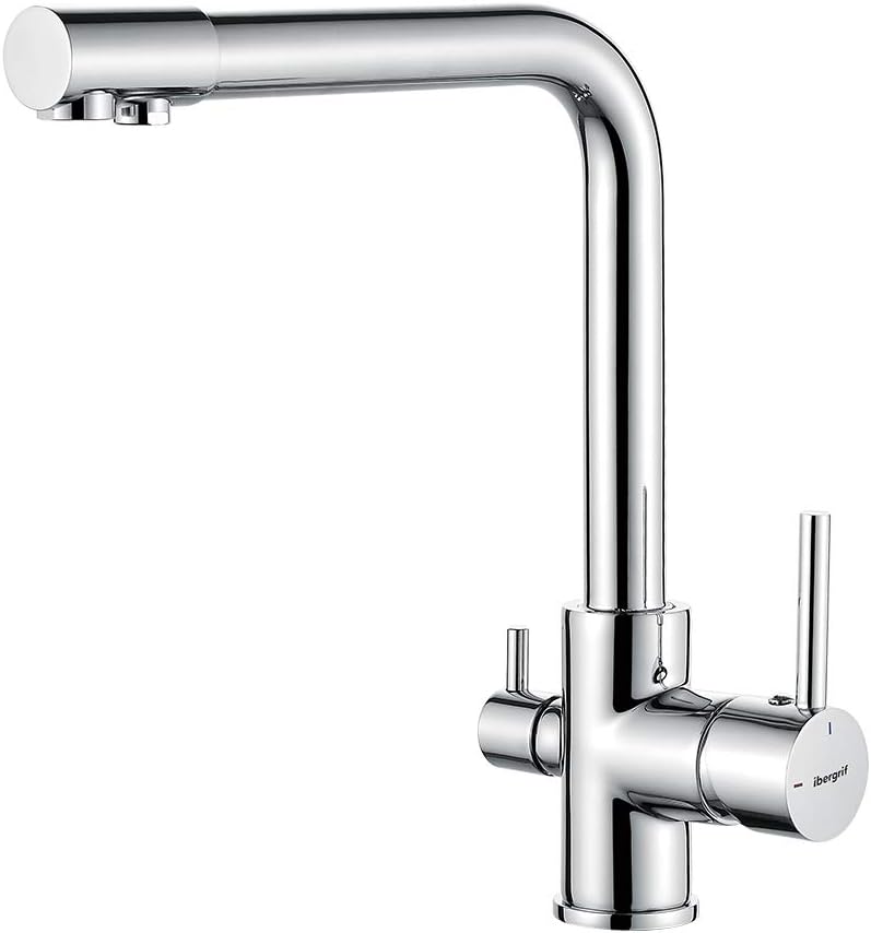 Ibergrif M22109 3 Way Water Filter Tap, Kitchen Drinking Taps Sink Mixer Brass Swivel Spout with 2 Handles, Hot, Cold and Filter Tap for Kitchen, G3/8" Hose, 360° Swivel, Chrome [Energy Class A++]