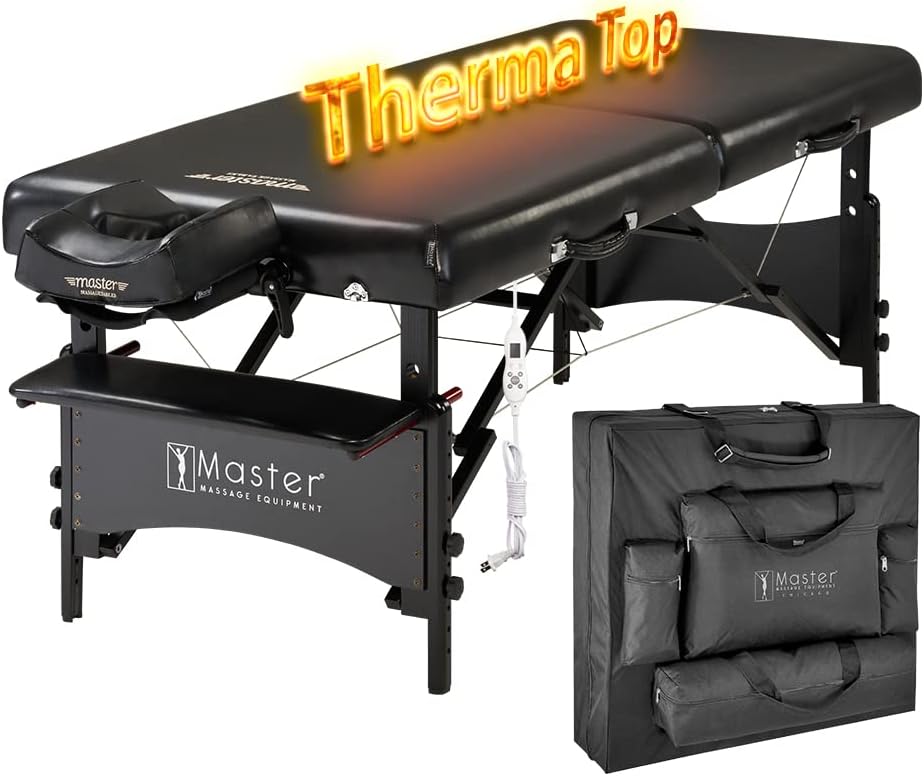 Master Massage 30” Galaxy Therma Top Portable Massage Table for Professional& Home Use, Adjustable Height Travel Massage Bed, Salon Beauty Spa Tattoo Lash Bed with Accessories (Black)