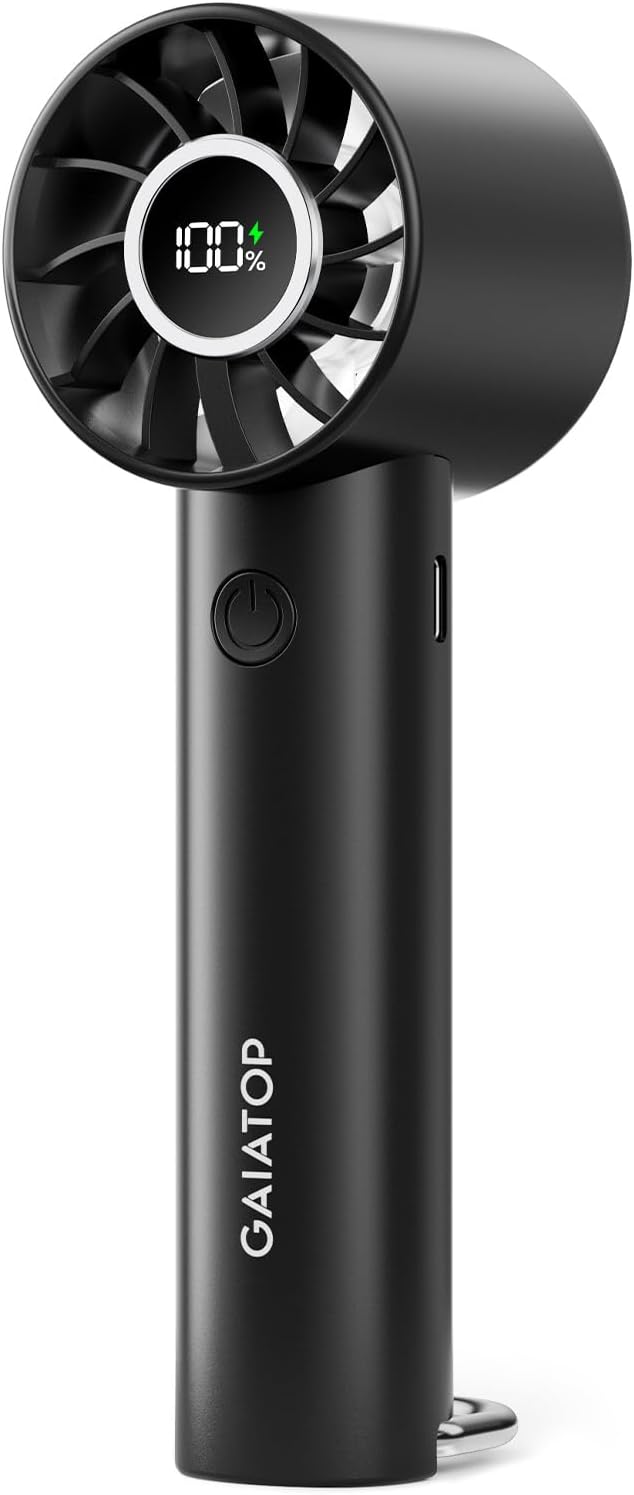 Gaiatop Portable Mini Fan, 3 Speed Handheld Fans with Power Display Flashlight, USB Rechargeable Battery, Lightweight Personal Cooling for Women Men Indoor Outdoor Travel Black