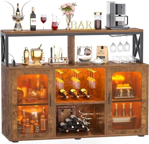 Aheaplus Bar Cabinet with Power Outlets, Liquor Cabinet with Led Lights and Glass Holder, Storage Buffet Cabinet Coffee Bar Cabinet for Liquor, Wine Cabinet with Racks for Home, Rustic Brown