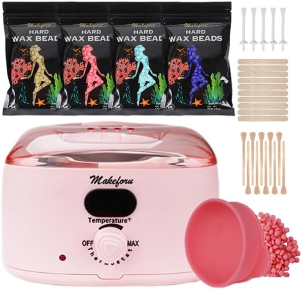 Brazilian Waxing Kit - Bikini & Full Body Hair Removal with Digital Warmer, 4 Scented Wax Beads & 33 Silicone Tools - Home Waxing for Women & Men, Face & Body Care (Pink)