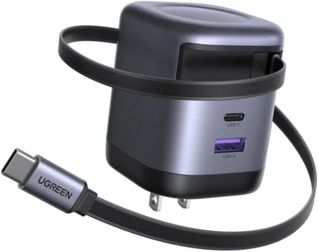 UGREEN 65W Retractable USB C Charger Block with Built-in Cable, GaN Fast Charging Wall Charger 2 Ports Compatible for iPhone 16 15 14, Galaxy S25 S24, Pixel 9 Pro 8 7, MacBook Pro/Air, iPad, Airpods