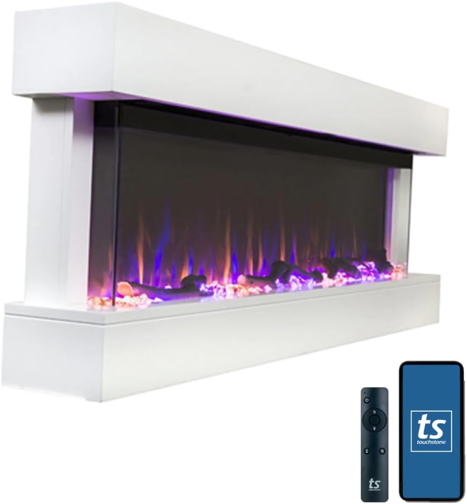 Touchstone Chesmont Smart Electric Fireplace- Wall Hanging Fireplace with 50" Wide White Floating Mantle- Alexa/WiFi Enabled-10 Color-1,500W Heater- Crystals & Driftwood-Model 80033
