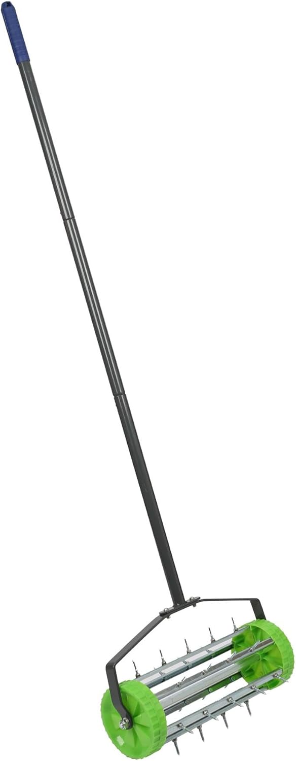 Harbour Housewares Rolling Lawn Aerator - Heavy Duty Manual Garden Tool with Spiked Drum - 40cm x 1.4m Grass Aeration Roller for Soil, Turf, Lawn Care, Gardening & Scarifying - Green