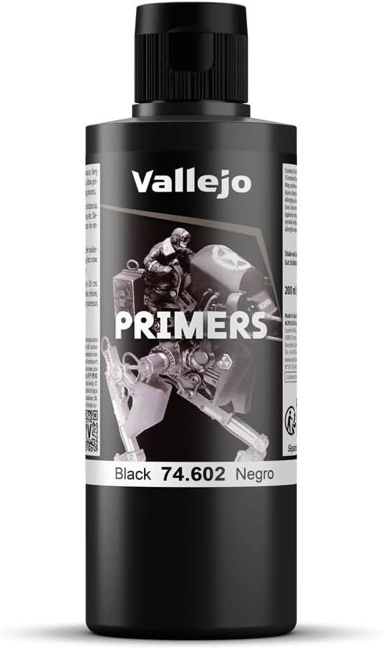 Vallejo - Surface Primer Color | Black Acrylic Primer 200 ml (6.76 fl.oz.) | Matte Finish and Fast Drying | Perfect for Airbrushing and Great Adhesion to Figurines and Scale Models