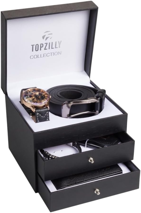 TOPZILLY Premium Mens Gift Set: Watch, Bracelet, Keychain, Leather Wallet & Belt - Birthday Gifts for Him, Christmas Gifts for Men, Mens Wallets, Gift Ideas, Hampers for Men
