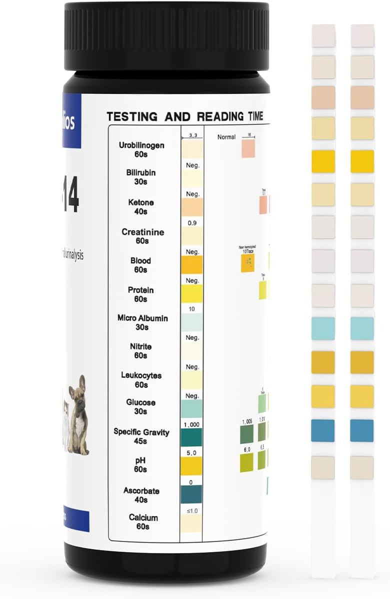 14-Parameter Dog&Cat UTI & Blood Test Strips, 100ct Detect Ketone Urine Protein Glucose Bladder Full Panel Urinalysis Urinary Tract Infection Test Kits Prime Home Testing Supplies for Vet