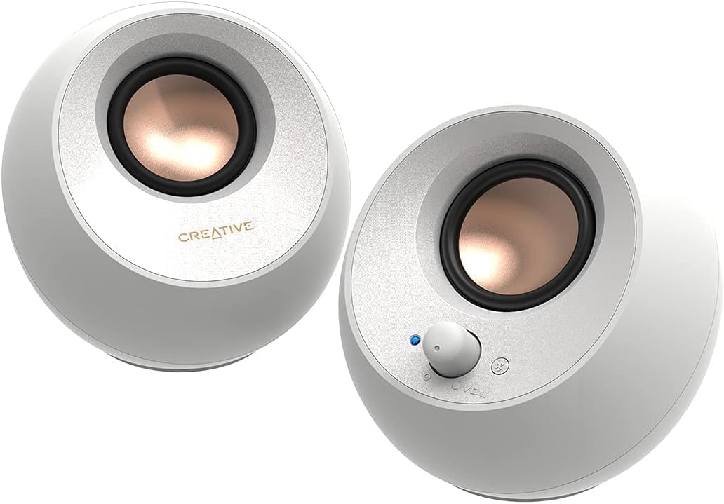 CREATIVE Pebble V3 Minimalist USB C 2.0 Desk Speaker with USB Audio, Clear Dialogue, Bluetooth 5.0, 8W Sine Wave Power at 16W Peak Power, USB-A Converter Included (White)