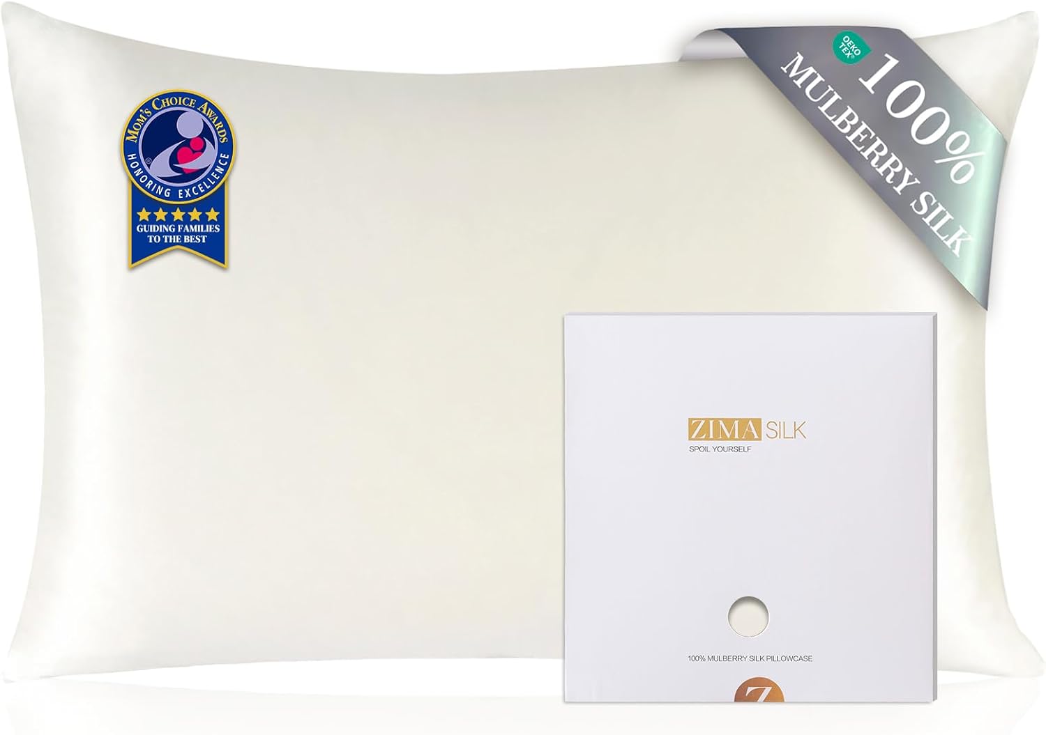 ZIMASILK 100% Pure Mulberry Silk Pillowcase for Hair and Skin Health,Soft and Smooth,Both Sides Premium Grade 6A Silk,600 Thread Count,with Hidden Zipper,1pc(Standard 20''x26'',Ivory)