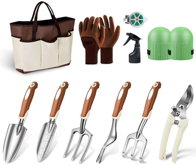 ABRFC Garden Tools Set, ABRFC 11 PCS Aluminum Alloy Steel Hand Tool Gift Kit with Garden Bag, Heavy Duty Gardening Tools, Gardening Gifts for Women & Men (Brown)