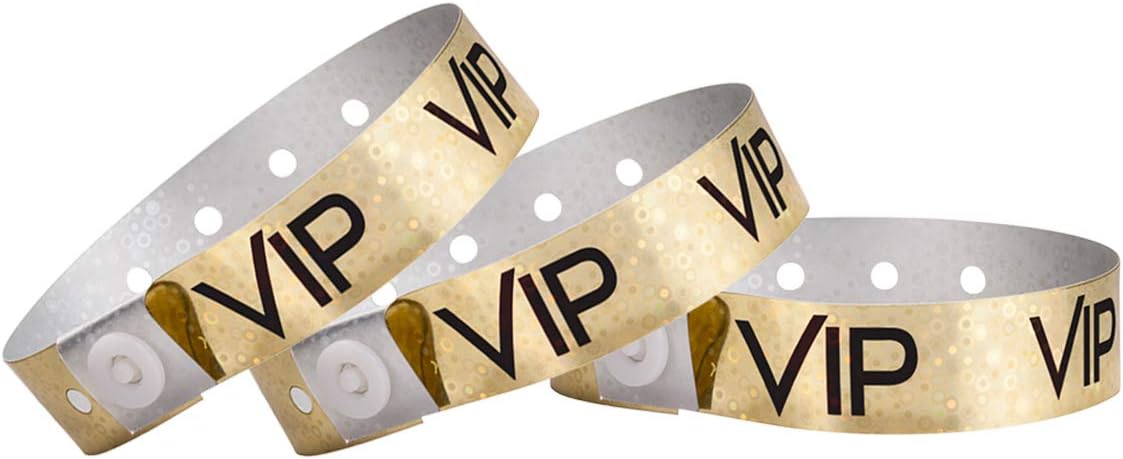 100 WristCo Premium Holographic Gold VIP Plastic Secure Snap Wristbands - 5/8" x 10" - Waterproof, Durable, Tearproof, Wrist Bands Used at Waterparks Concerts Conferences for Security Admission