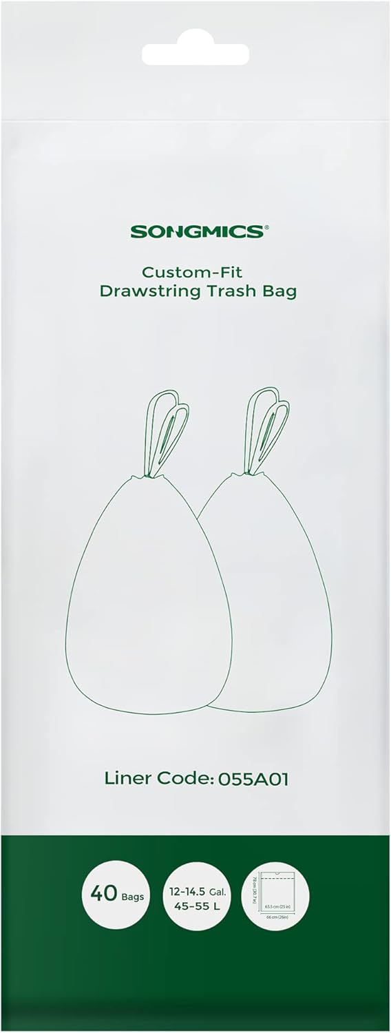 SONGMICS Small Trash Bags for 12-14.5 Gallon Trash Cans, Drawstring Garbage Bags, Liner Code 055A01, 1 Roll, 40 Count, White UKRB055A01