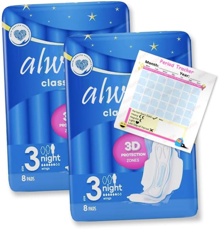 Always Classic Night Sanitary Pads (Size 3) 16 Pads with Wings | Extra Absorbency | 3D Protection Zones | Secure Fit | Sanitary Napkins | Pack of 2X 8