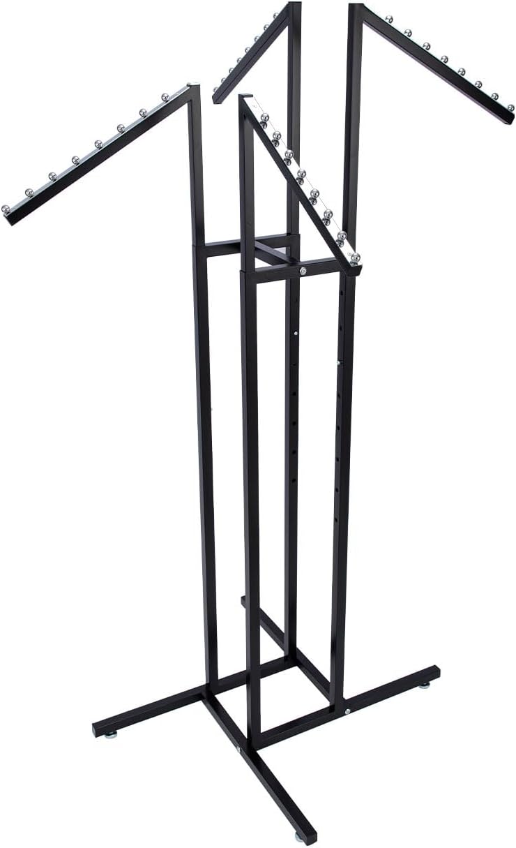 SSWBasics Black 4 Way Adjustable Clothing Rack with Slanted Arms - Retail Clothing Rack Display - Adjustable Height Arms from 48" to 72" Perfect for Clothing Stores