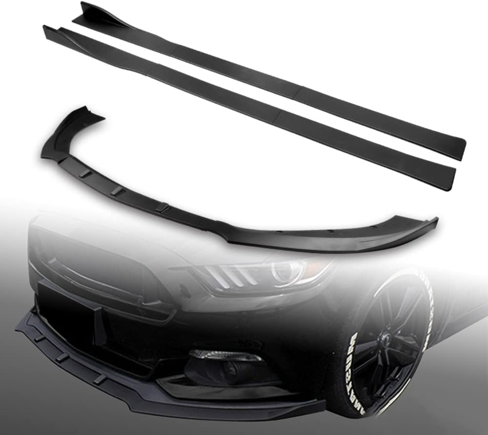 Q1-TECH, 9-Piece Front Bumper Lip & Side Skirt Extensions Diffuser Compatible with 2015 2016 2017 Ford Mustang, Front Bumper Lip Spoiler Air Chin Body Splitter ABS (Matt Black)