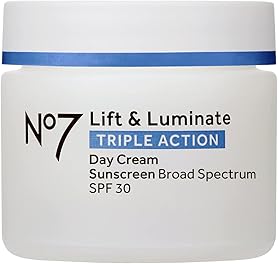 No7 Lift & Luminate Triple Action Fragrance Free Day Cream SPF 30 - Broad Spectrum Anti-Aging Face Cream - Hydrating Hibiscus Peptides & Hyaluronic Acid + Brightening Emblica & Vitamin C (1.69 Fl Oz)