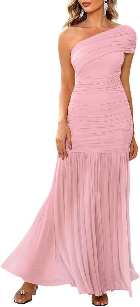 LAGSHIAN Women's Elegant Formal Long Dress One Shoulder Sleeveless Ruched Bodycon Evening Dress