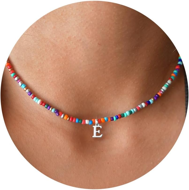 TINGN Colorful Beaded Initial Necklaces for Girls Women - Handmade Beads Choker Necklace Bohemian Initial Necklace Jewelry for Girls Teen Girls Personalized Birthday Gifts