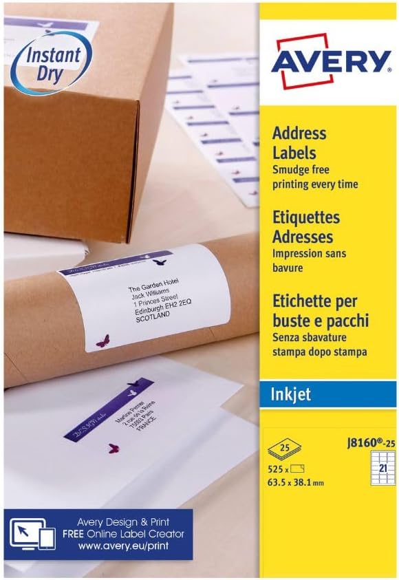 Avery Smudge free, Printable, Address Labels, Quick dry, 63.5 x 38.1 mm, White, 21 Labels per sheet, 525 Blank labels per pack (J8160-25)