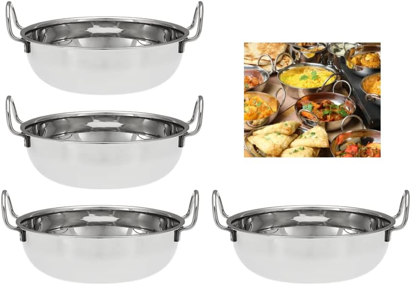 U COOK Balti Dish Set of 4. Stainless Steel 13cm, Curry Bowel and Indian Cuisine Dishes. Multipurpose Indian Serving Karahi Restaurant Style Food Cooking and Serving Handled Dishes. (13cm x 4 Pack)