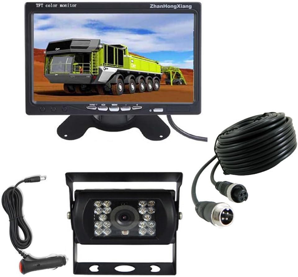 Vehicle Reversing Camera 7" Monitor Kit,4 Pin 18LED IR Night Vision Waterproof Rear View Mirror Camera System + 7 inch Car LCD Screen 12V-24V With 15m Cable For Bus Truck Trailer RV Motorhome