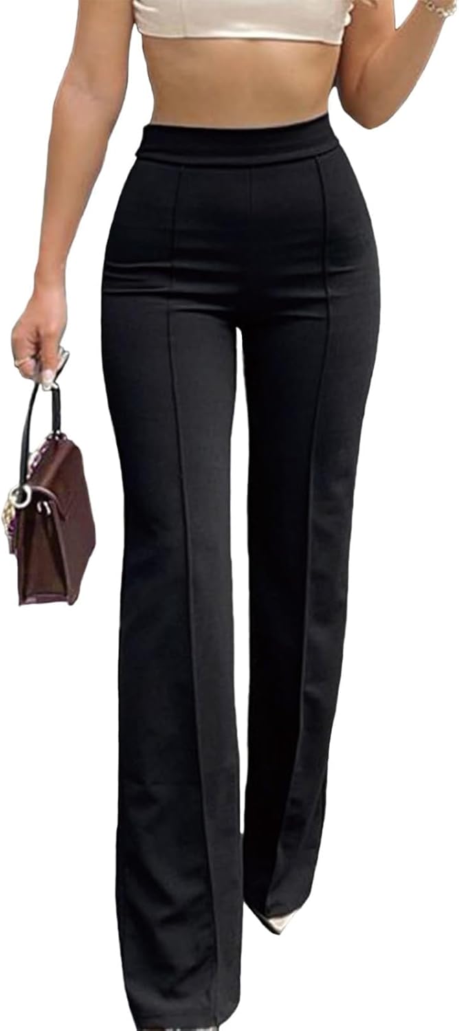 HAWILAND Womens Flared Trousers High Waisted Elasticated Smart Casual Bootcut Work Trousers Office Elegant Long Work Pants