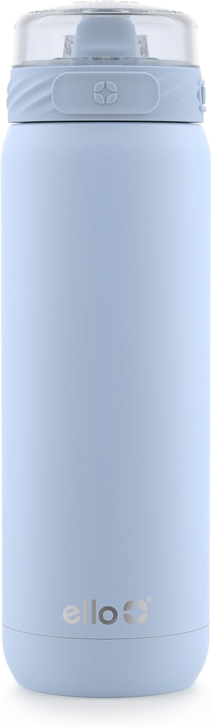 Ello Cooper 32oz Stainless Steel Water Bottle with Straw and Carry Handle, Double Walled and Vacuum Insulated Metal, Leak Proof Locking Lid with Soft Silicone Spout, Reusbale, BPA Free, Halogen Blue