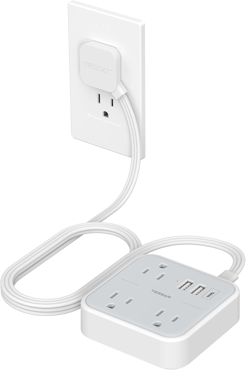 Ultra Thin Flat Extension Cord 5 FT, TESSAN Slim Power Strip with USB Ports (1 USB C), Surge Protector Flat Plug Wall Charger with 3 Outlets for Office, School, Dorm Room Essentials