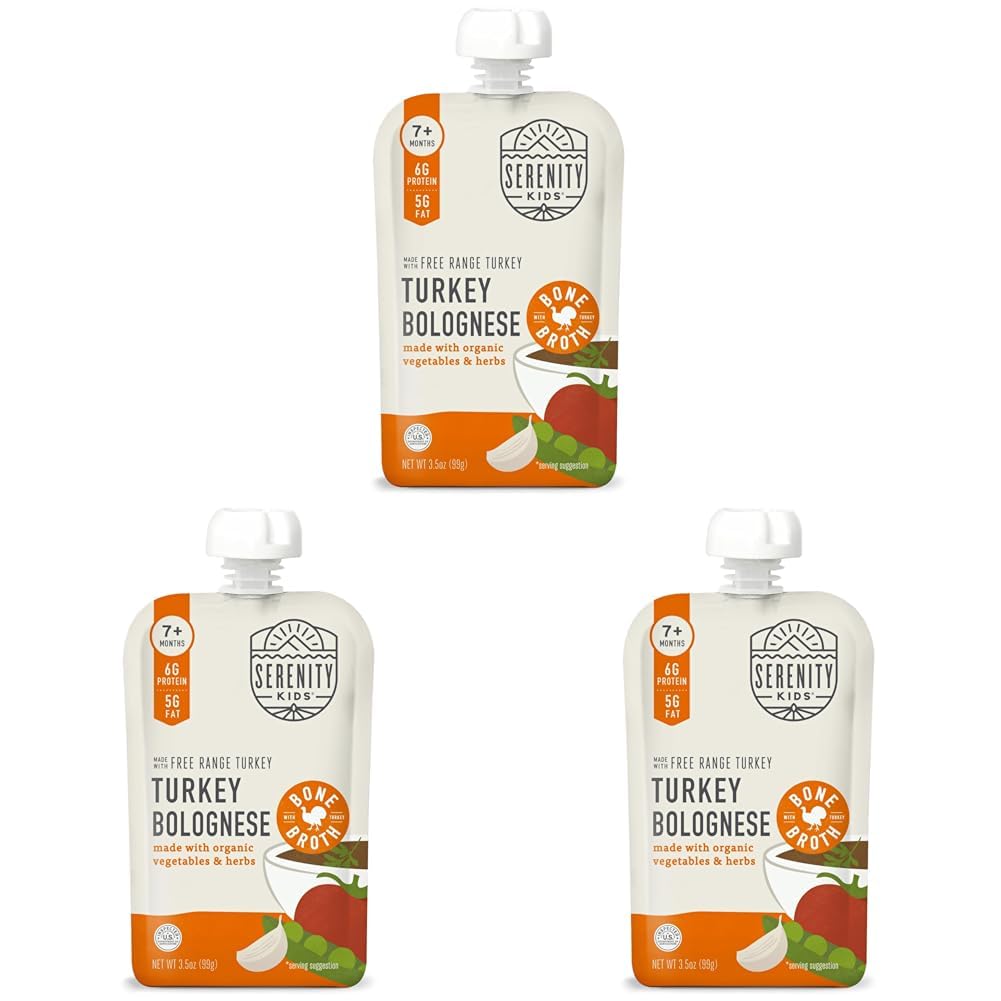 Serenity Kids Bone Broth Puree Made With Organic Veggies | Clean Label Project Purity Award Certified | 3.5 Ounce BPA-Free Pouch | Free Range Turkey Bolognese | 1 Count (Pack of 3)