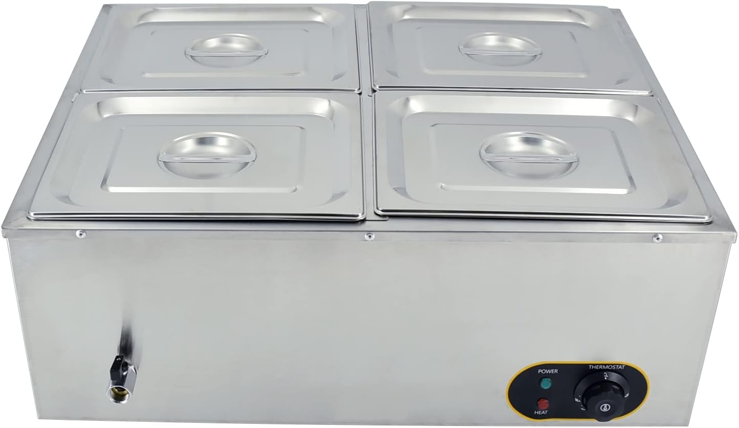 Commercial Bain Marie,1500W Stainless Steel Electric Food Warmer Temperature Control with Covers,Drain Tap,GN 1/2 Containers x4
