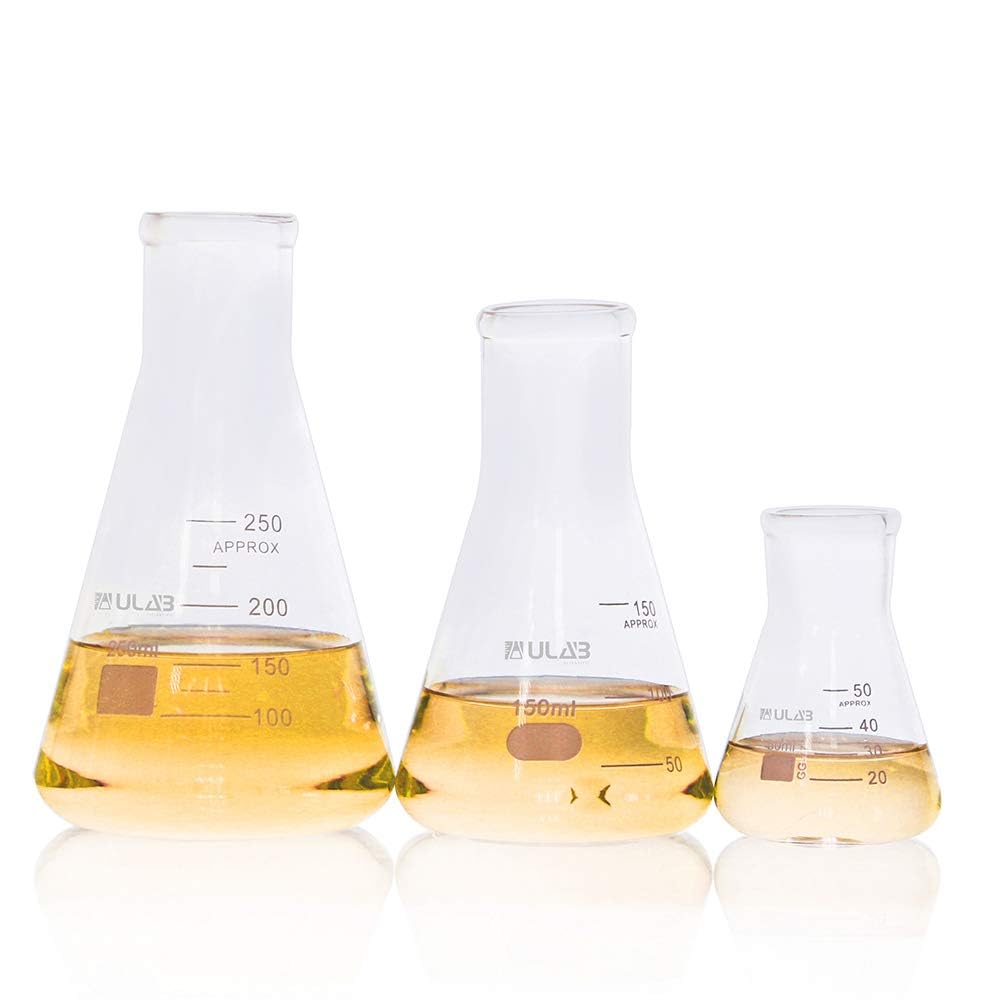 ULAB Scientific Narrow-Mouth Glass Erlenmeyer Flask Set, 3 Sizes 50ml 150ml 250ml, 3.3 Boro with Printed Graduation, UEF1001
