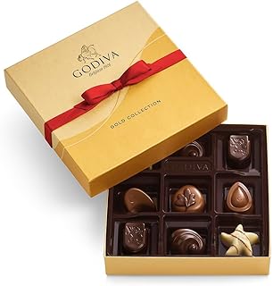 Godiva Chocolatier Holiday Assorted Gourmet Chocolate Gold Gift Box, Creamy Milk Dark, and White Chocolate Treats for Thank you, Anniversary, Christmas Candy Gift for Family and Friends, 9pc