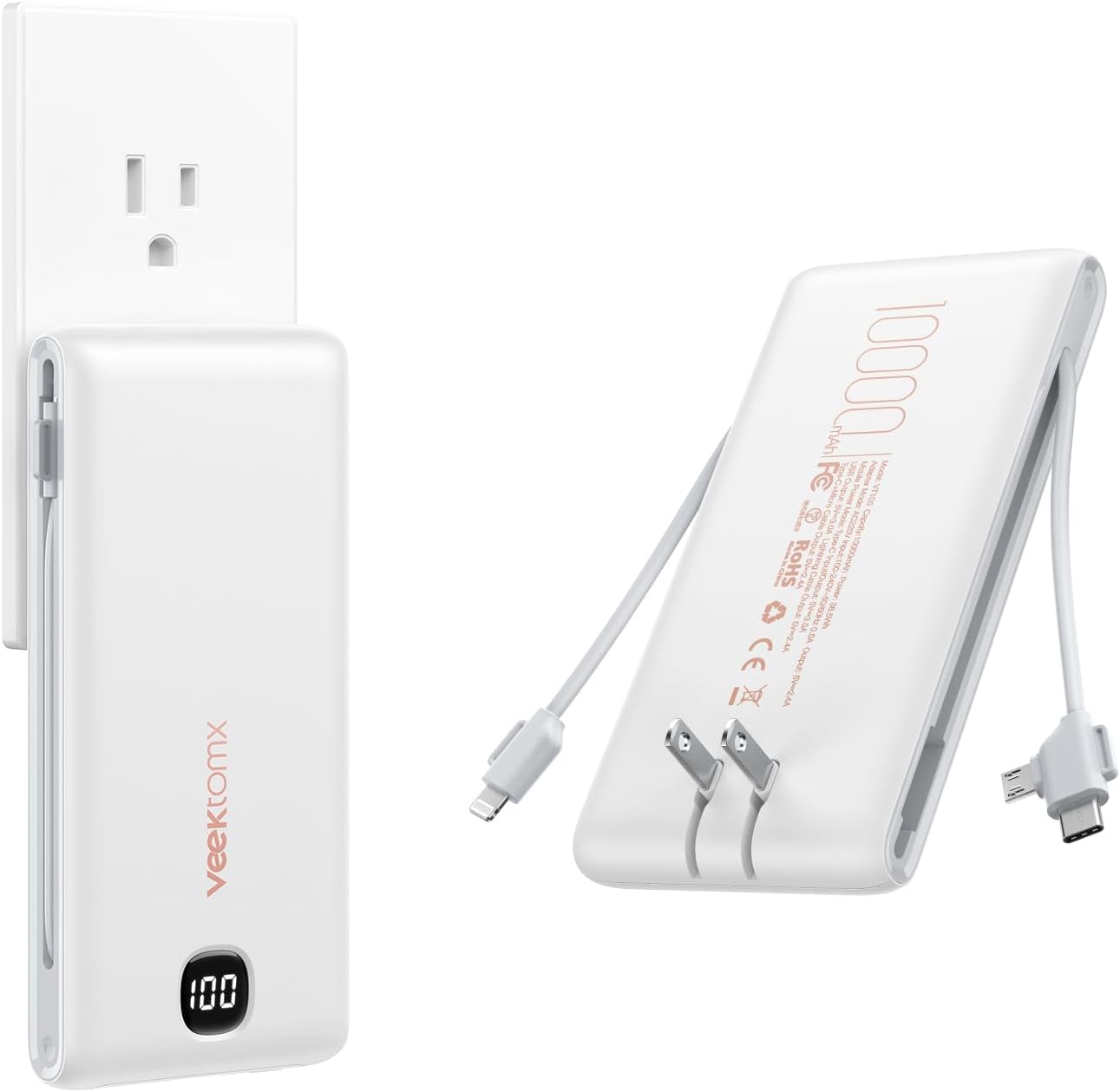 VEEKTOMX Portable Charger with Built in Cables 10000mAh, Power Bank for iPhone with Wall Plug, Travel Essential Fast Charging USB C Slim External Battery Pack for iPhone16/15/14, Samsung, iPad, etc
