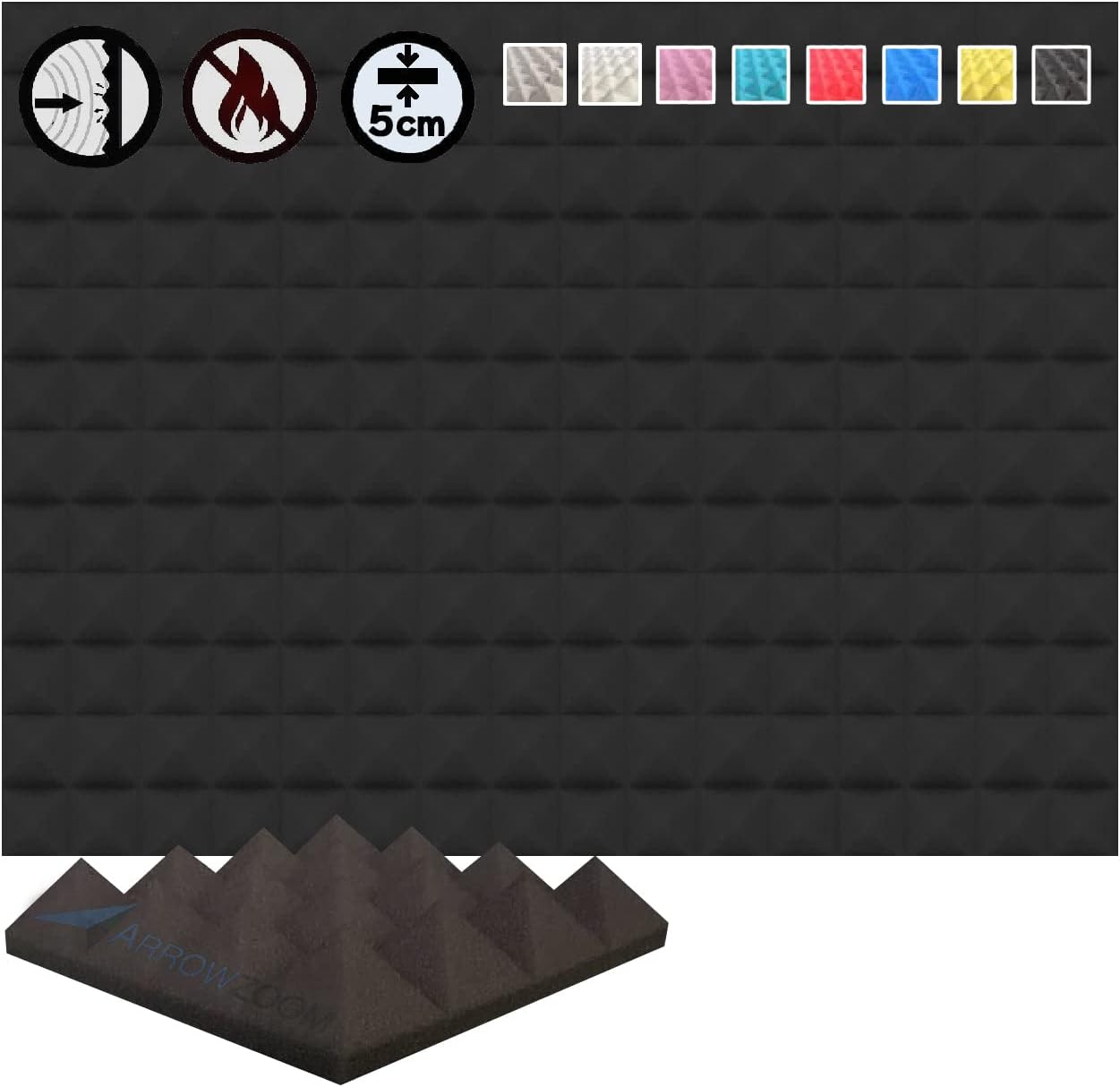 Arrowzoom 12 Acoustic Panels Pyramid Sound Absorbing Acoustic Treatment Tiles 25x25x5cm Recording Studio Noise Cancellation 26kg/m3 High Density Acoustical Dampening Fire Retardant 1034 BLACK