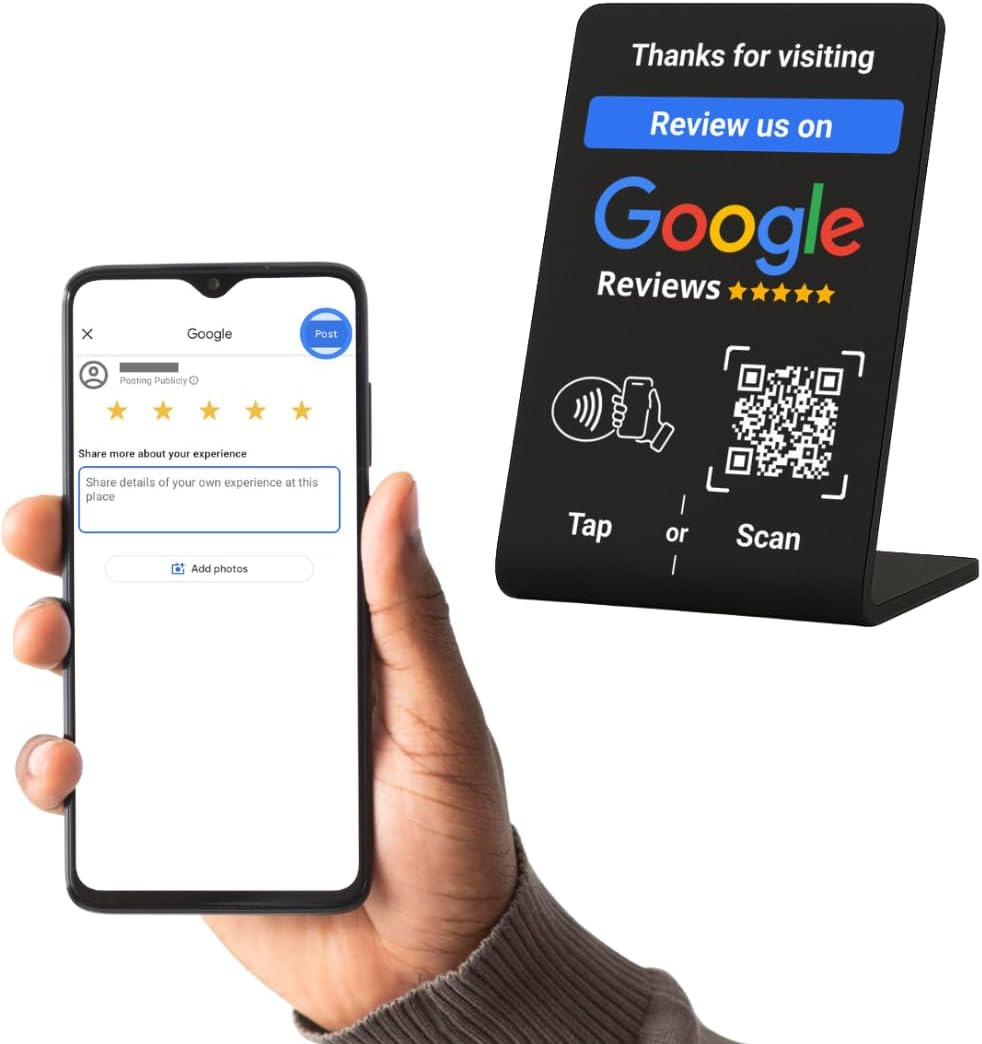 NFC Tap Google Review Stand - Boost Customer Feedback with Tap & Scan QR - No App, No Subscription - Works on iPhone & Android (Black, 1 Pack - 4.13"x2.75")