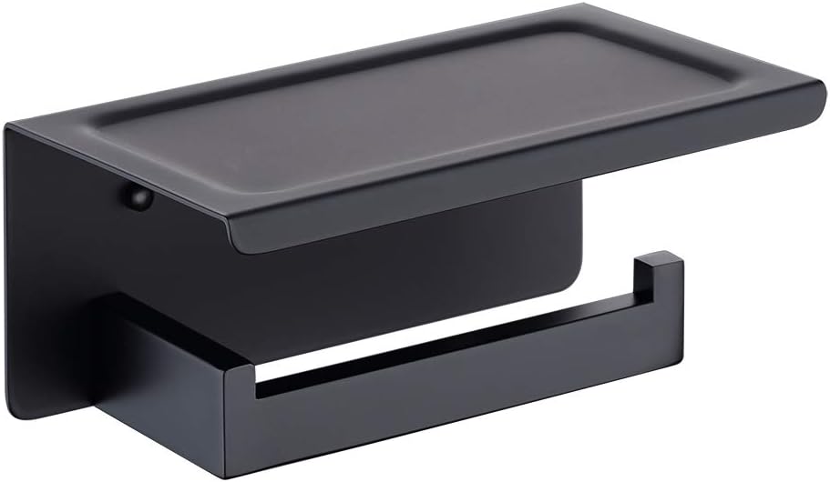 TASTOS Toilet Paper Holder with Shelf Matte Black, Toilet Tissue Holders with Phone Shelf Wall Mounted, Toilet Roll Holder with Cover for Bathroom & Kitchen, Stainless Steel Modern Square Style