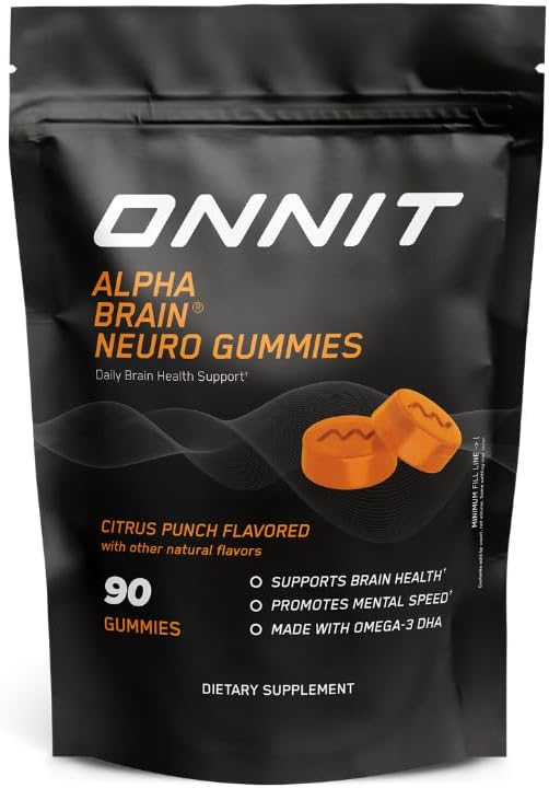 ONNIT Alpha Brain Neuro Focus Gummies - Vegan Gummies with Omega-3s, Lutein, Zeaxanthin & Caffeine - Brain, Eye & Focus Supplement for Men & Women†, Citrus Punch Flavor, 90 Count