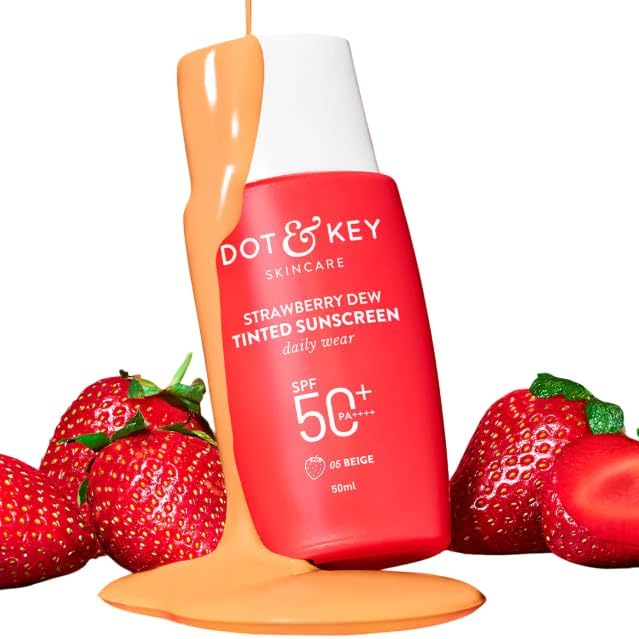 Dot & Key Strawberry Dew Tinted Sunscreen SPF 50 PA with Niacinamide & Hyaluronic Acid, available in Beige Medium (05) shade, 50ml for sun protection and hydration.