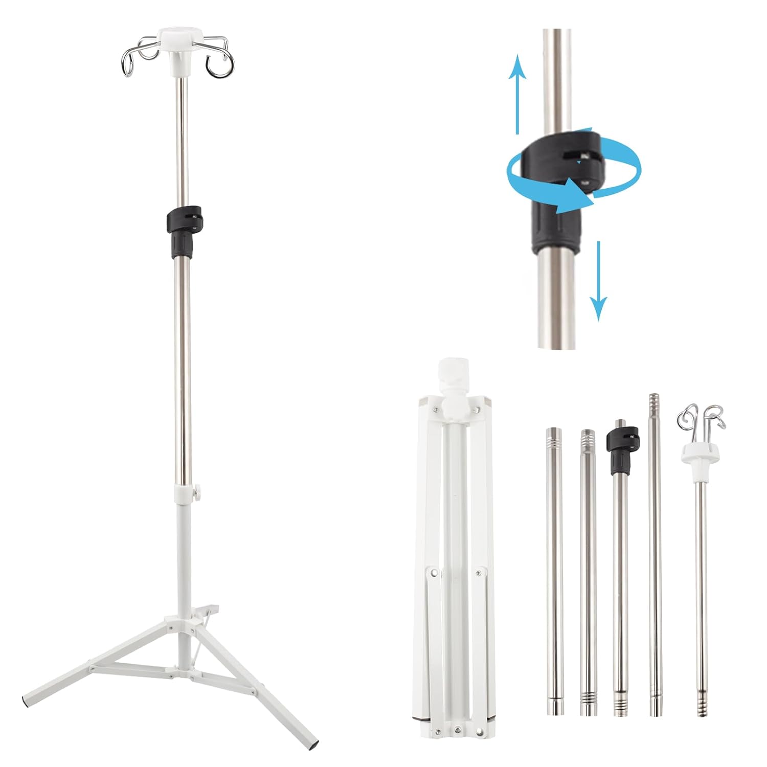 IV Poles,46-86 Inch IV Stand Floor with 4 IV Bag Holder Stand Portable Telescopic Stabilizing Tripod Stainless Steels Pipe Extension Pole Lightweight Strudy and Durable (46-86INCH)