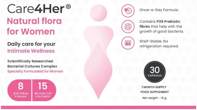 Care4Her Vaginal Probiotics - Daily Supplements for Women’s Intimate Health,15 Billion Live Cultures, 8 Bacterial Strains, FOS Prebiotic Fibres - Scientifically Formulated for Vaginal Flora Balance