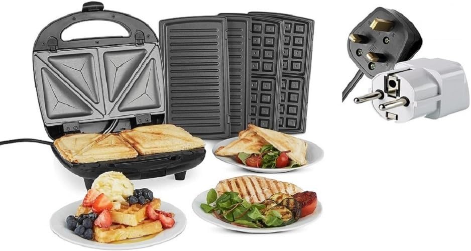 Vonshef 220 240 Volts 3 in 1 Sandwich/Panini Maker, Waffle Iron & Grill with Removable Plates - 700W - Stainless Steel | Bundle With Dynastar Plug Adapters | 220v 240v (NOT FOR USA)