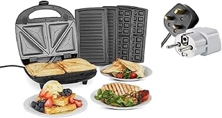 Vonshef 220 240 Volts 3 in 1 Sandwich/Panini Maker, Waffle Iron & Grill with Removable Plates - 700W - Stainless Steel | Bundle With Dynastar Plug Adapters | 220v 240v (NOT FOR USA)