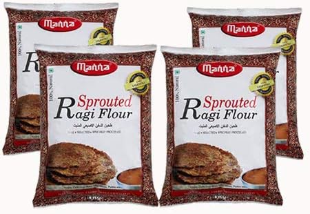 Manna Sprouted Ragi Flour | 100% Natural Finger Millet Flour | Nachni Atta | Rich in Calcium & Protein (1kg (Pack of 4))
